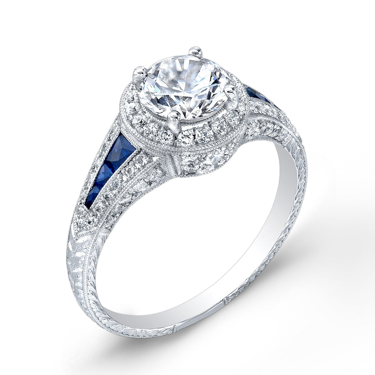 Antique Style Engraved Diamond and Custom Cut Blue Sapphire Engagement Ring Set by Jolie Designs
