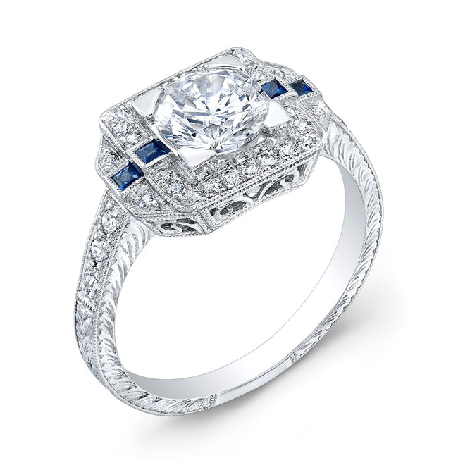 Antique Style Engraved Blue Sapphire and Diamond Engagement Ring by Jolie Designs