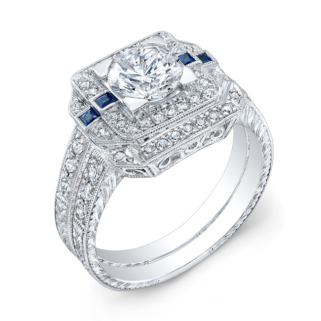 Antique Style Engraved Blue Sapphire and Diamond Engagement Ring by Jolie Designs