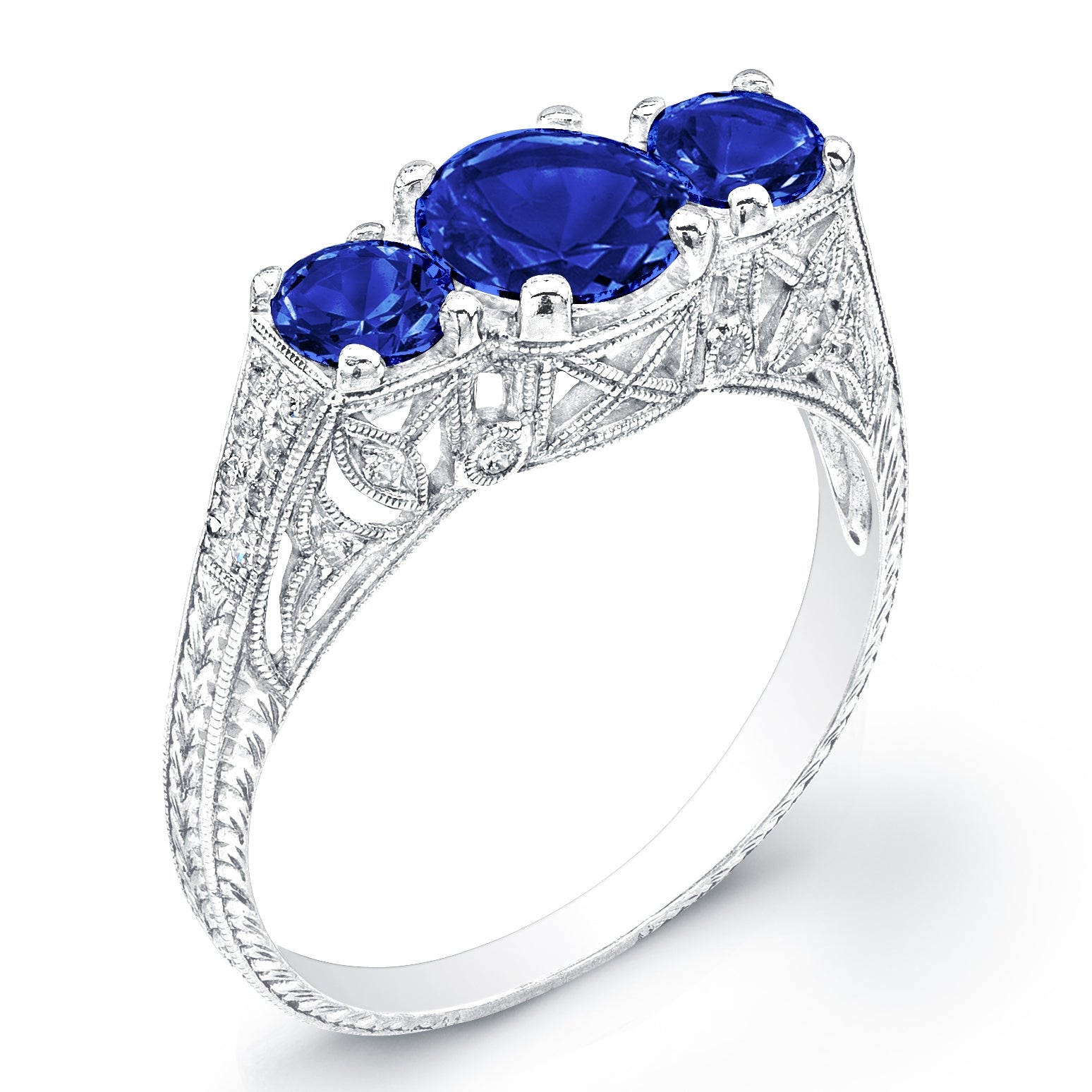 Vintage Petite Antique Inspired Three Stone Blue Sapphire Ring by Jolie Designs