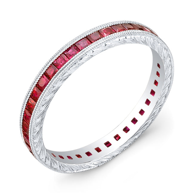 Hand Engraved Gold Ring with Channel Set Princess Cut Rubies by Jolie Designs