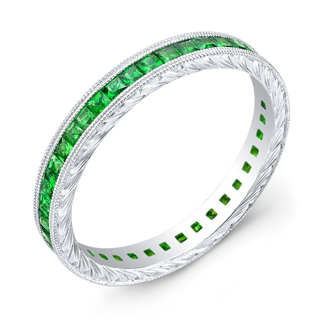 Hand Engraved Princess Cut Tsavorite Gold Ring by Jolie Designs