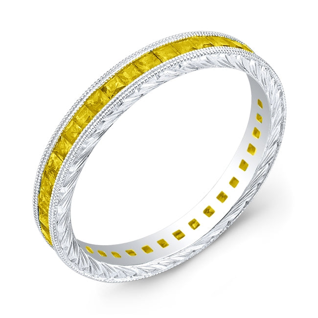 Hand Engraved Gold Ring with Princess Cut Yellow Sapphires by Jolie Designs