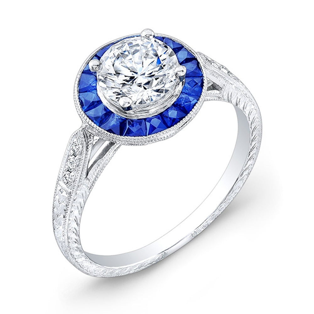 Custom Cut Blue Sapphire Halo and Diamond Engagement Ring by Jolie Designs
