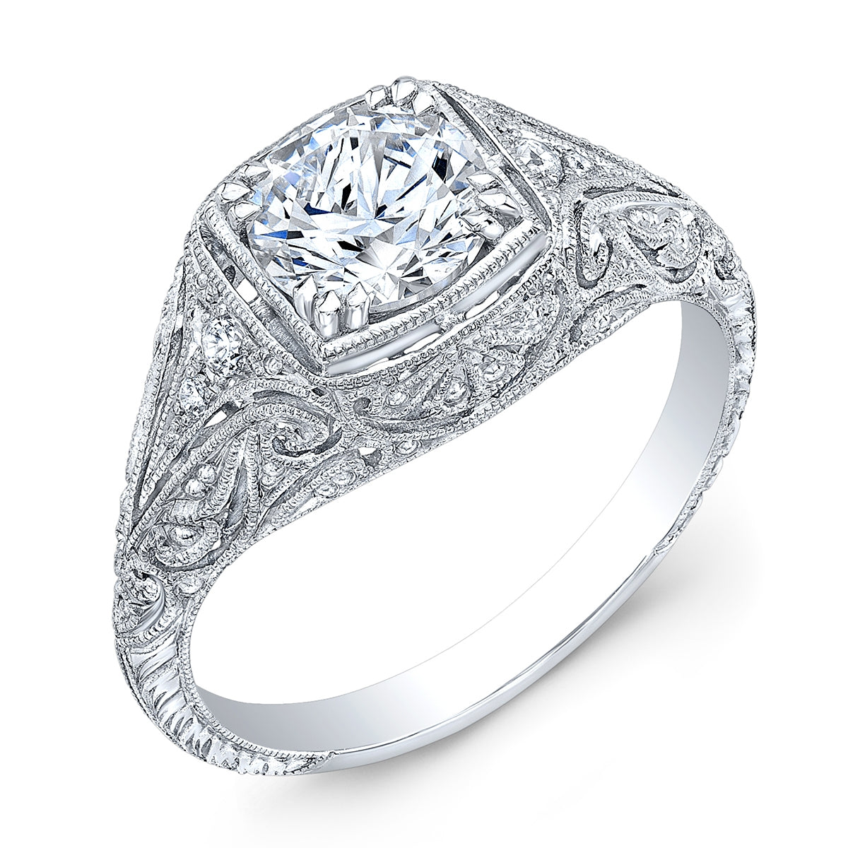 Antique Hand Engraved Millgrain Diamond Engagement Ring by Jolie Designs
