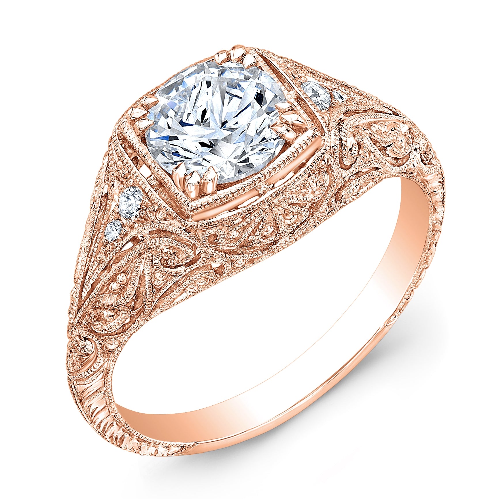 Antique Hand Engraved Millgrain Diamond Engagement Ring by Jolie Designs