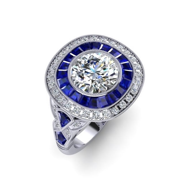 Custom Design Custom Cut Blue Sapphire Halo Ring