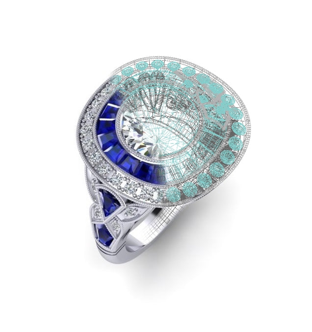Custom Design Custom Cut Blue Sapphire Halo Ring
