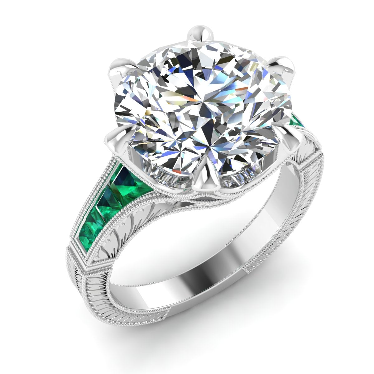 Hand Engraved Diamond and Custom Cut Emerald Semi Mount by Jolie Designs