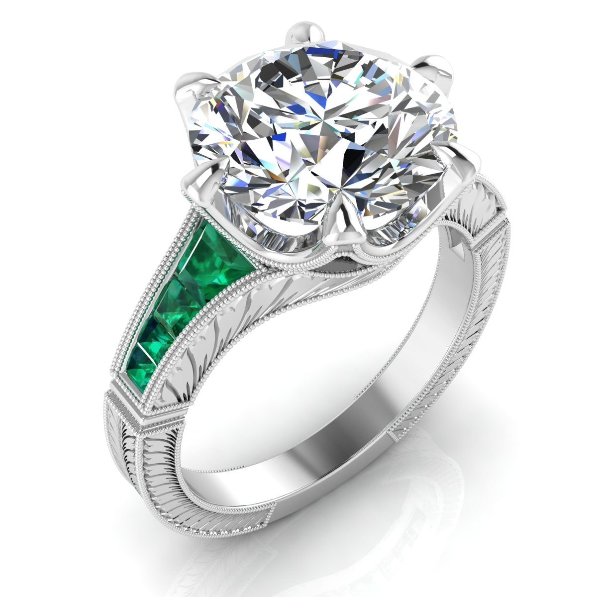 Diamond & Custom Cut Emerald Engraved Semi Mount Ring by Jolie Designs