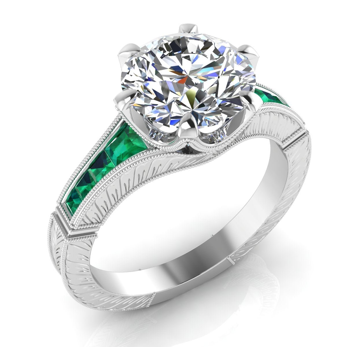 Diamond and Custom Cut Emerald Hand Engraved Semi Mount Engagement Ring by Jolie Designs