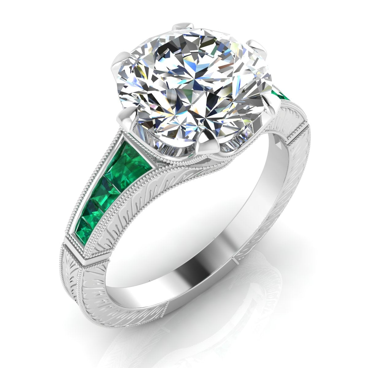 Hand Engraved Diamond and Emerald Semi-Mount Ring by Jolie Designs