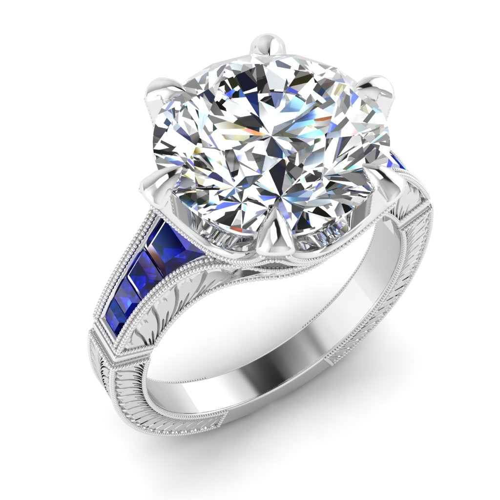 Custom Cut Blue Sapphire and Diamond Hand Engraved Semi Mount Ring by Jolie Designs
