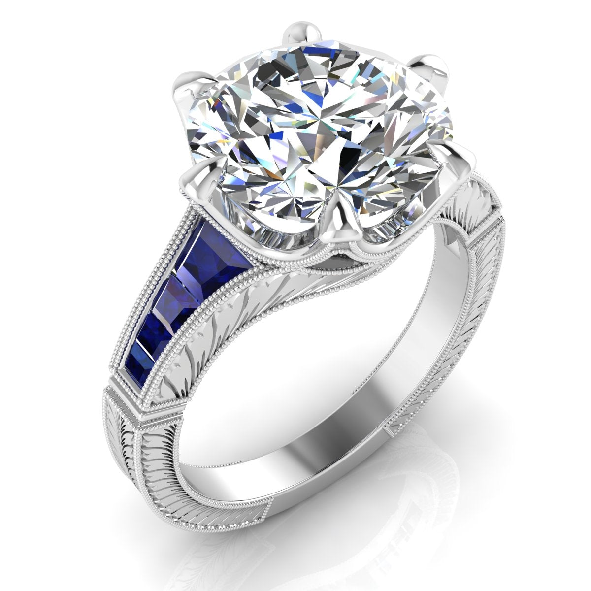 Custom Cut Blue Sapphire and Diamond Hand Engraved Semi Mount Engagement Ring by Jolie Designs