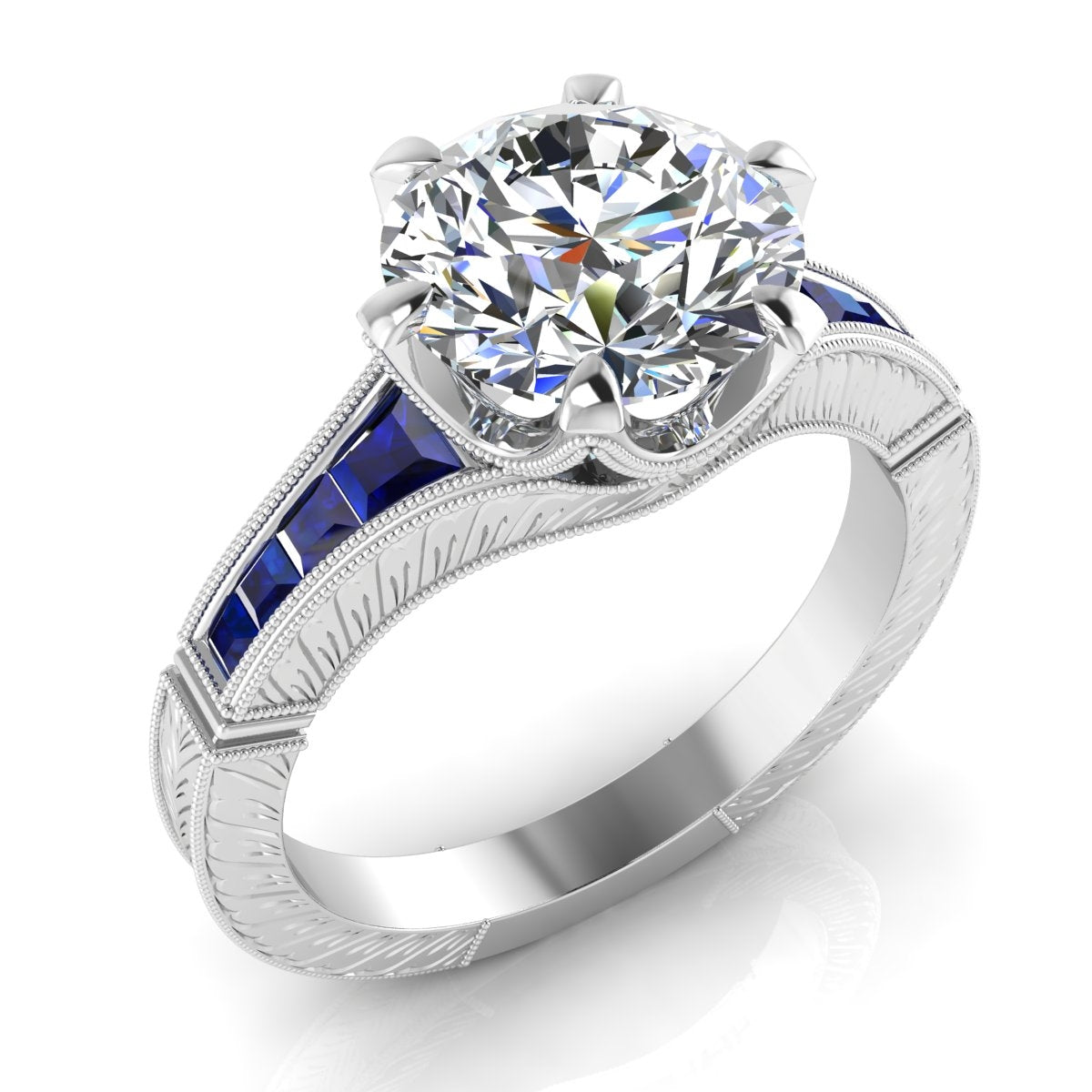 Engraved Diamond and Blue Sapphire Semi Mount Engagement Ring by Jolie Designs
