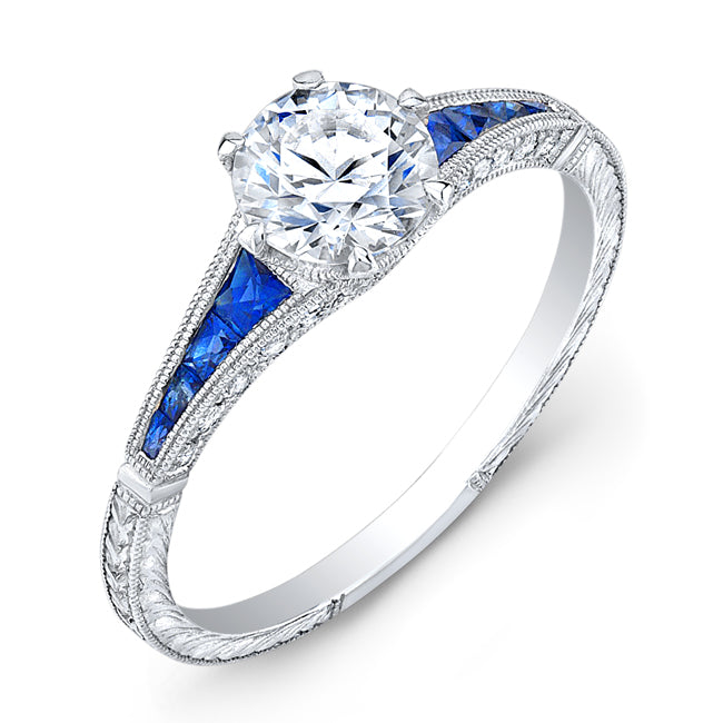 Hand Engraved Diamond and Blue Sapphire Semi Mount Ring by Jolie Designs