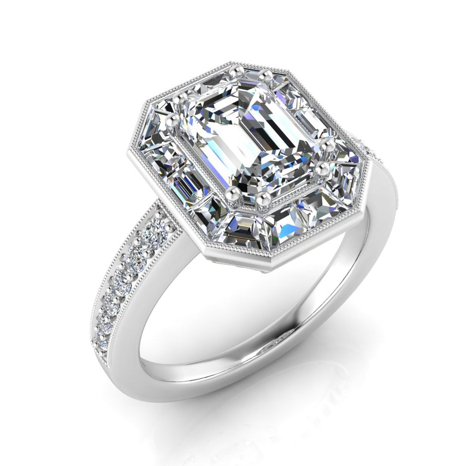 Antique Inspired Mill Grain Emerald Cut Diamond Engagement Ring by Jolie Designs