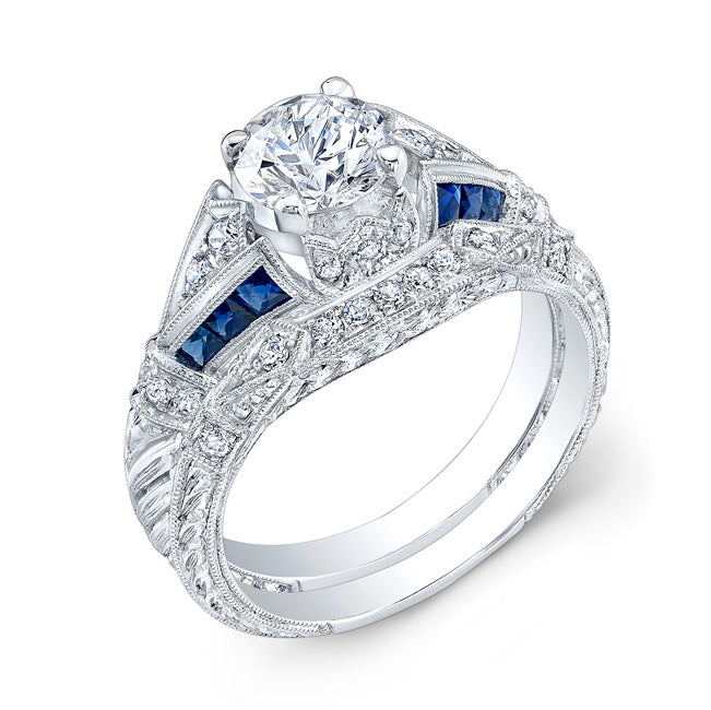 Antique Style Engraved Diamond and Custom Cut Blue Sapphire Ring by Jolie Designs