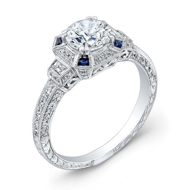 Art Deco Style Diamond and Blue Sapphire Engagement Ring by Jolie Designs