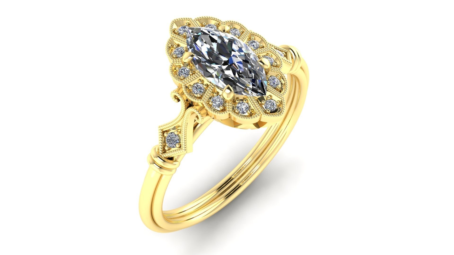 14K Gold Petite Marquise Vintage Style Engagement Ring by Jolie Designs