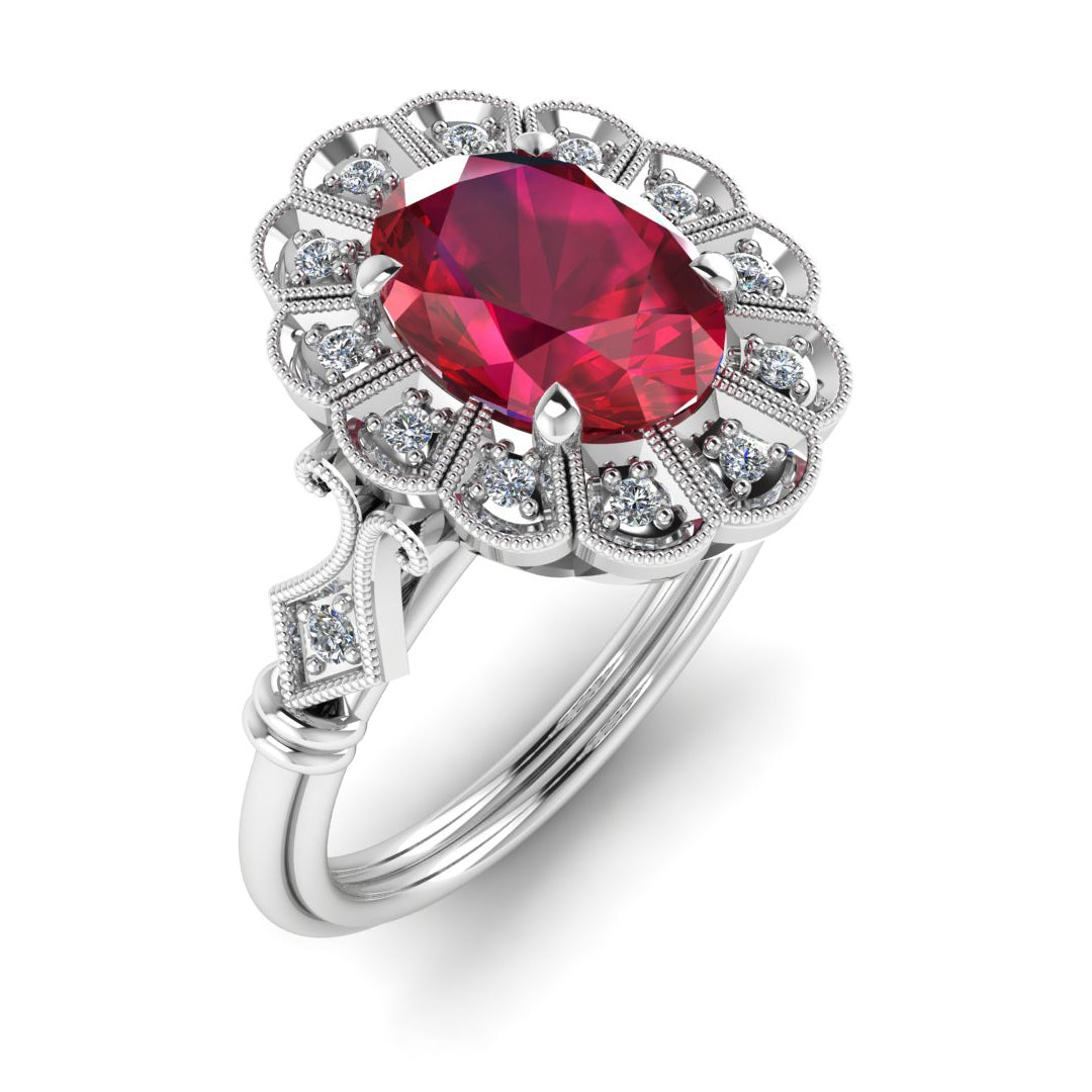 Vintage Oval Ruby White Gold Engagement Ring with Sleek Band by Jolie Designs
