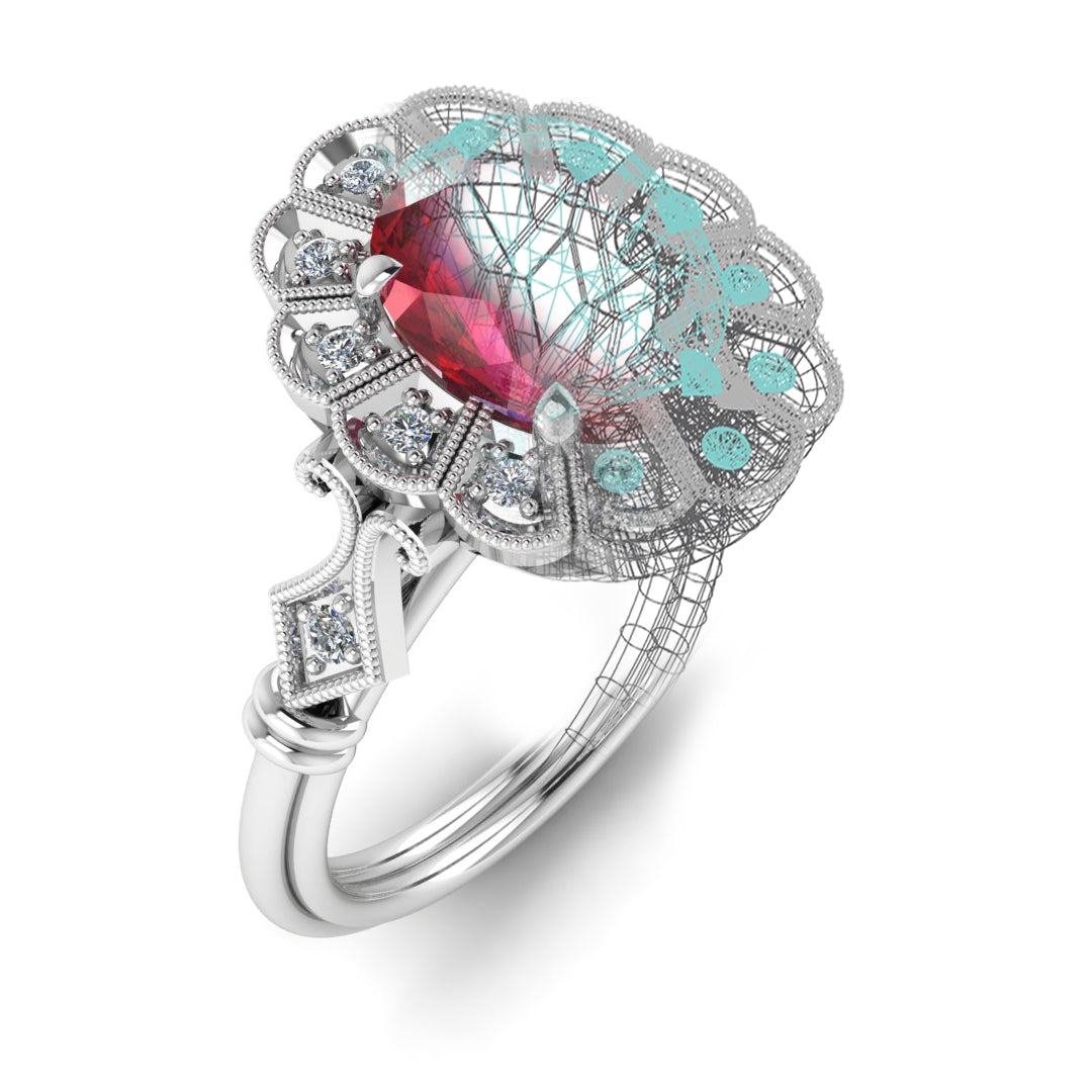 Vintage Oval Ruby White Gold Engagement Ring with Sleek Band by Jolie Designs