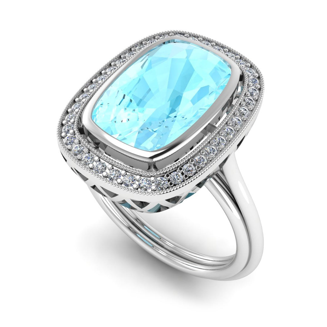 Custom Designed Aqua Cut Gemstone Ring with Diamond Halo by Jolie Designs