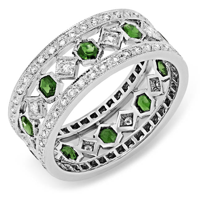 Hand Engraved Diamond and Custom Cut Tsavorite Sapphire Ring by Jolie Designs