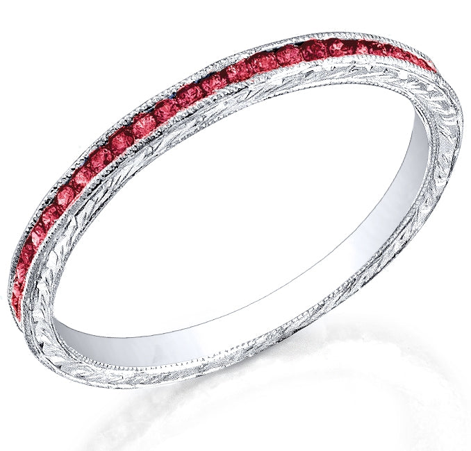 Engraved Band with Channel Set Round Rubies and Single Milgrain by Jolie Designs
