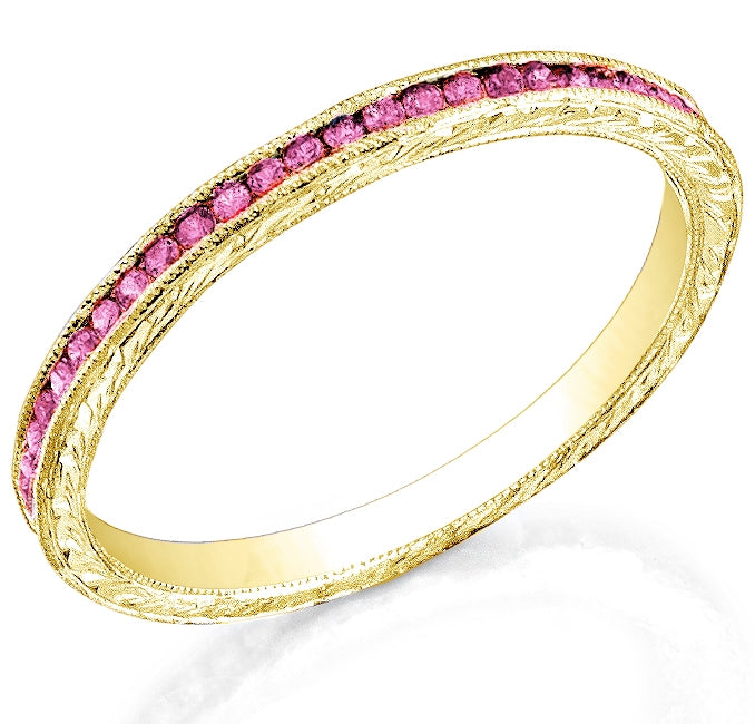 Channel Set Pink Sapphire Engraved Band with Milgrain by Jolie Designs