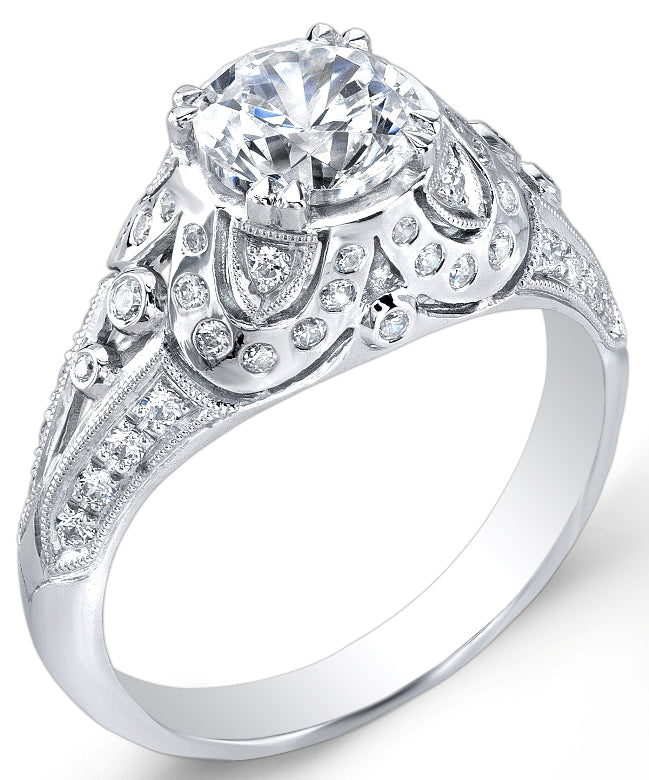 Modern Nouveau Diamond Engagement Ring with Pave Set Diamonds by Jolie Designs