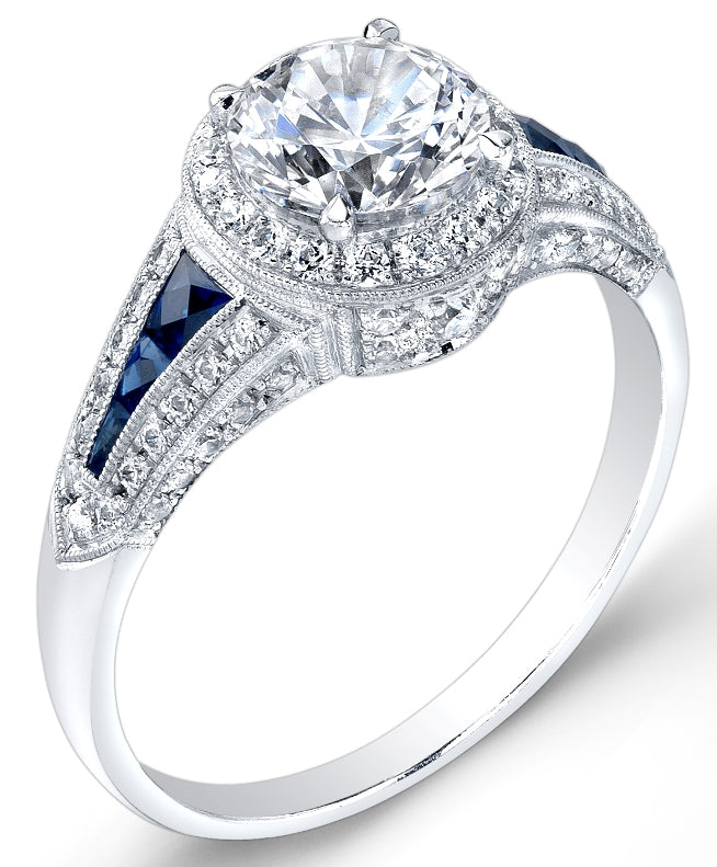 Antique Style Diamond and Custom Cut Blue Sapphire Engagement Ring by Jolie Designs