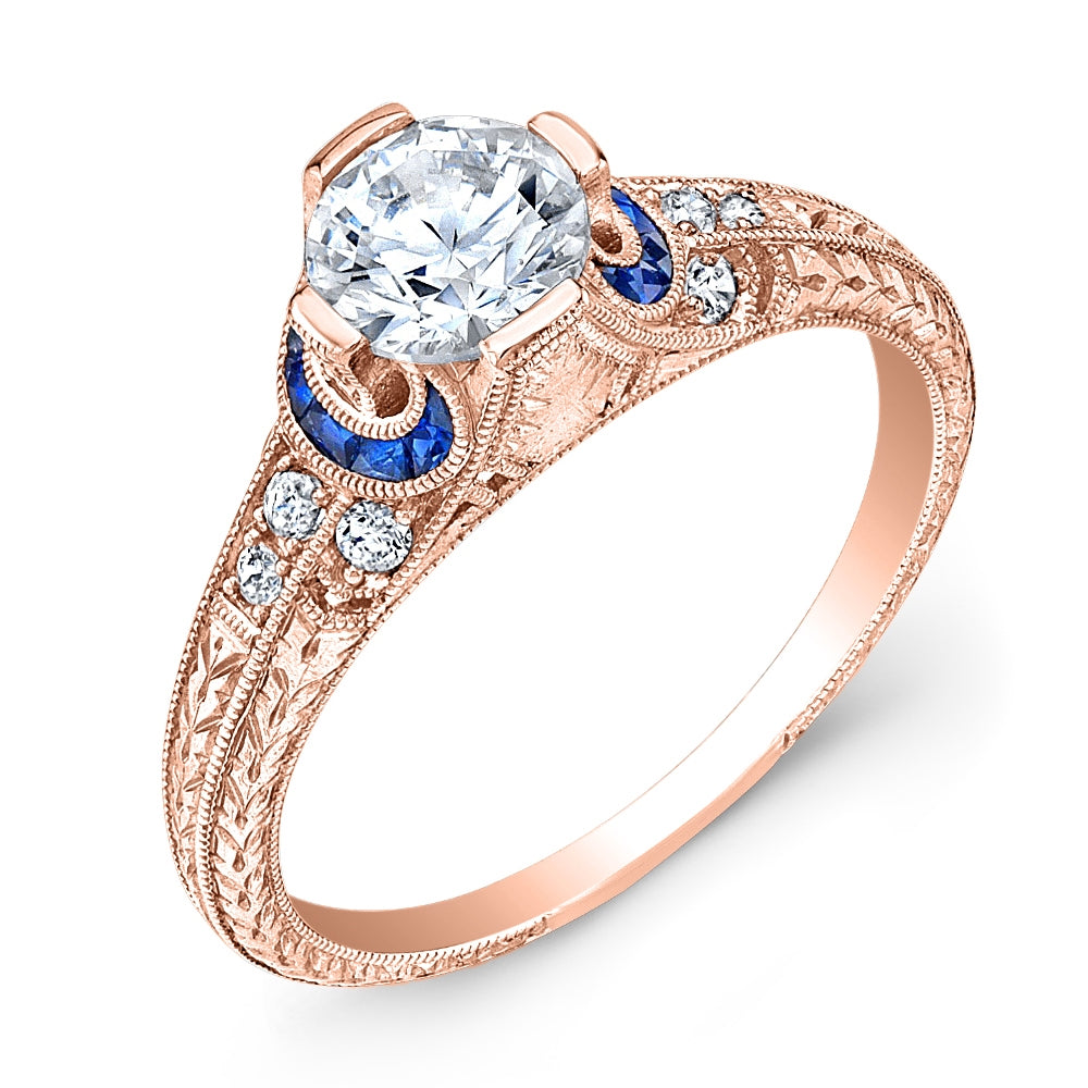 Antique Style Blue Sapphire and Diamond Engagement Ring Set by Jolie Designs
