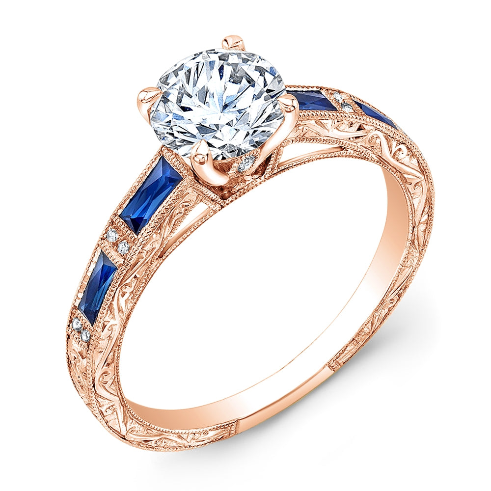 Hand Engraved Custom Baguette Blue Sapphire and Diamond Stackable Ring by Jolie Designs