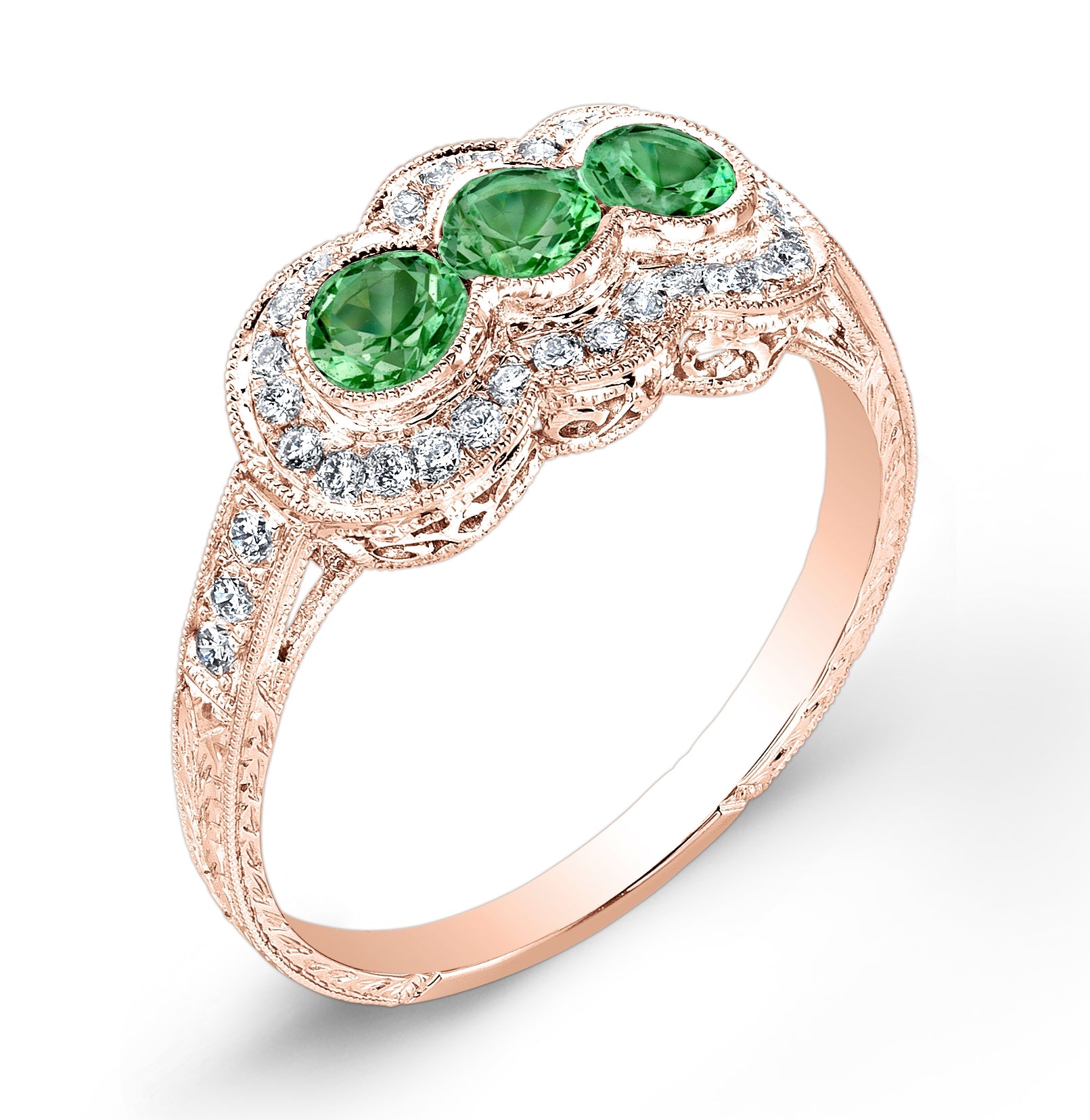 Antique Style Petite Three Stone Tsavorite Ring by Jolie Designs
