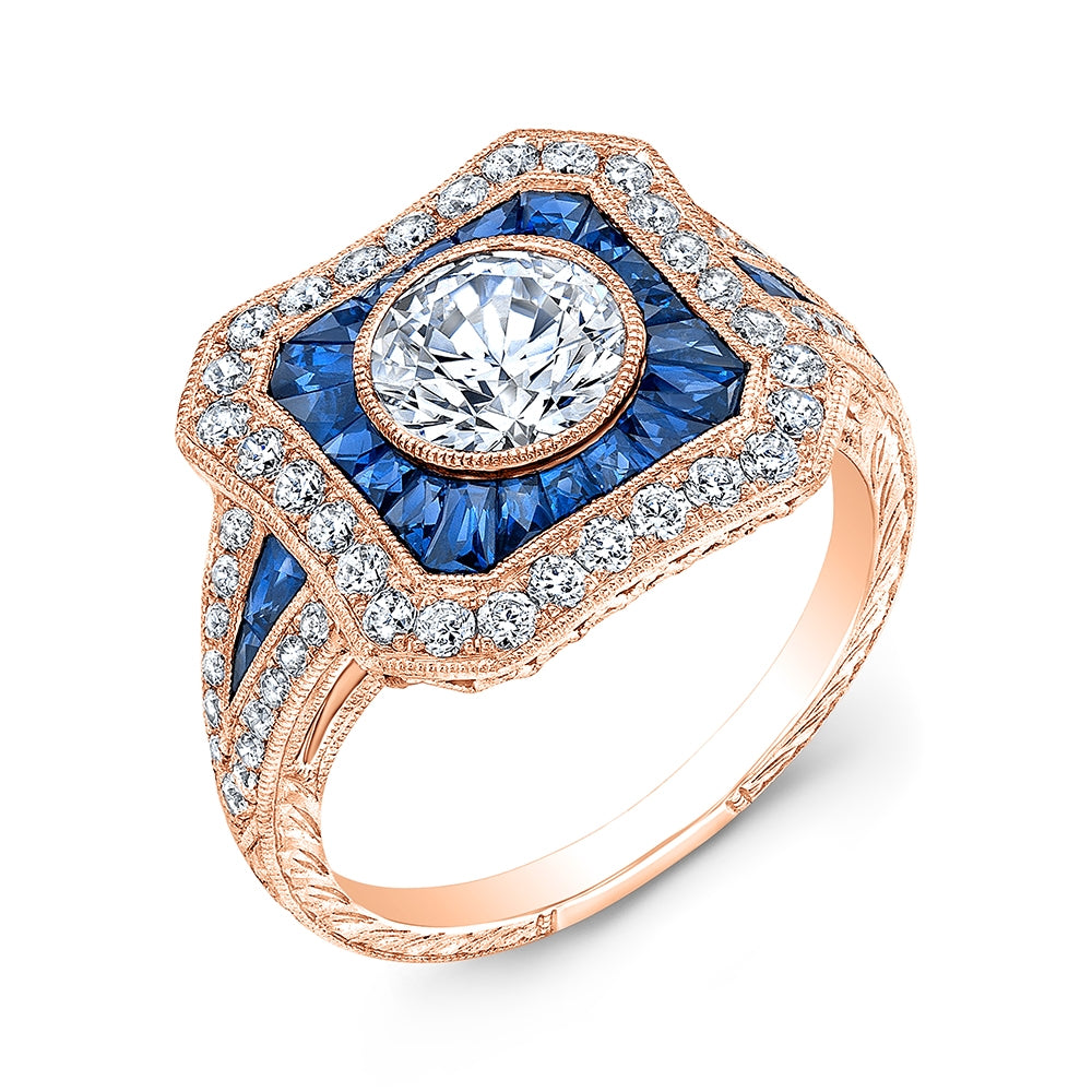 Hand Engraved Diamond and Blue Sapphire Bezel Set Ring by Jolie Designs