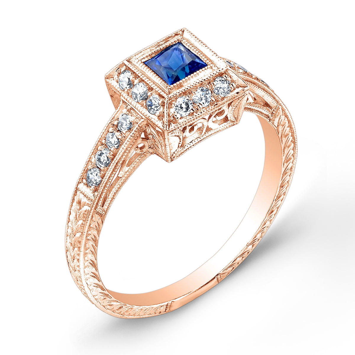 Princess Cut Blue Sapphire Diamond Halo Engagement Ring with Engraving by Jolie Designs