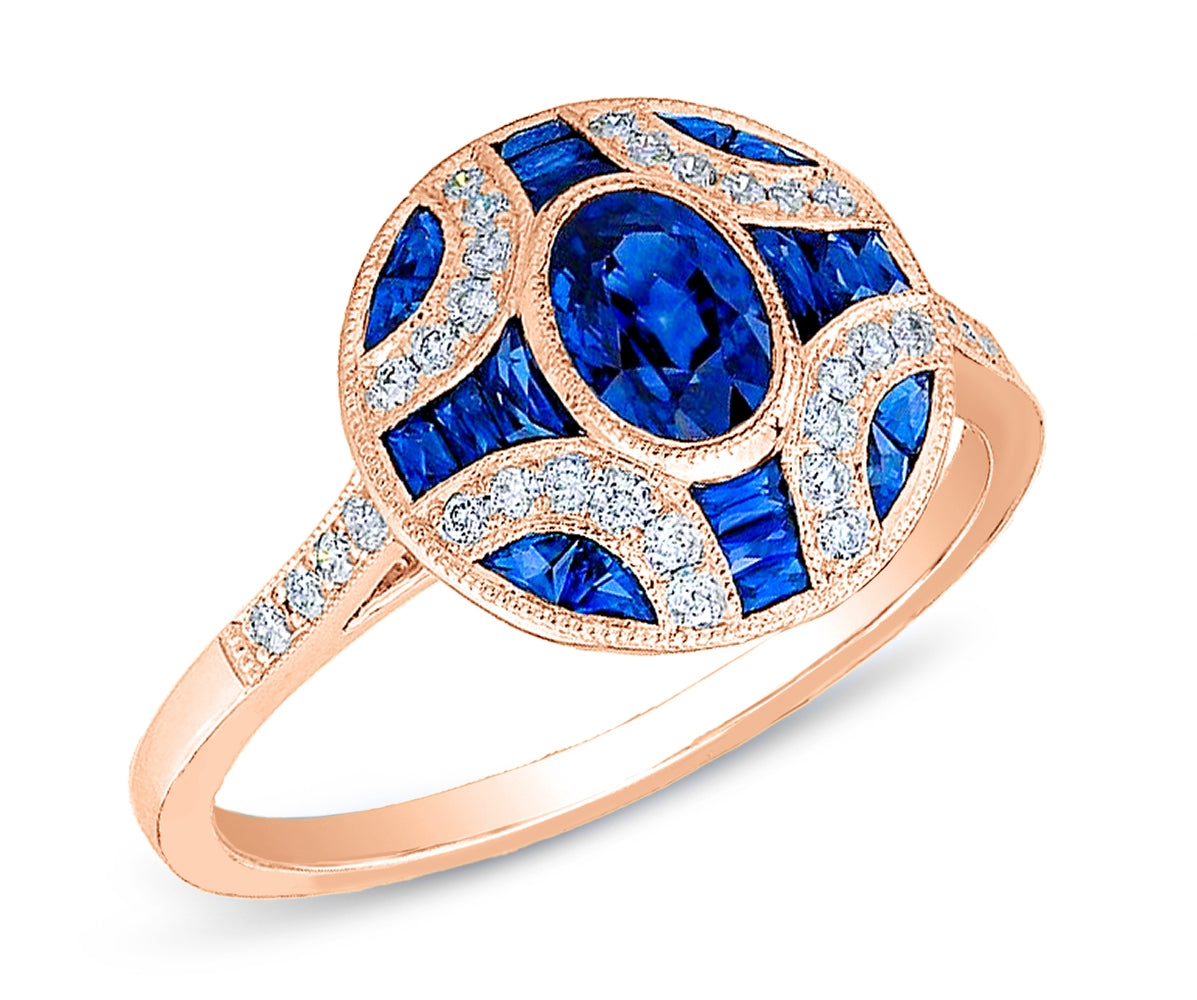 Art Deco Oval Blue Sapphire Ring with Custom Cut Accents by Jolie Designs