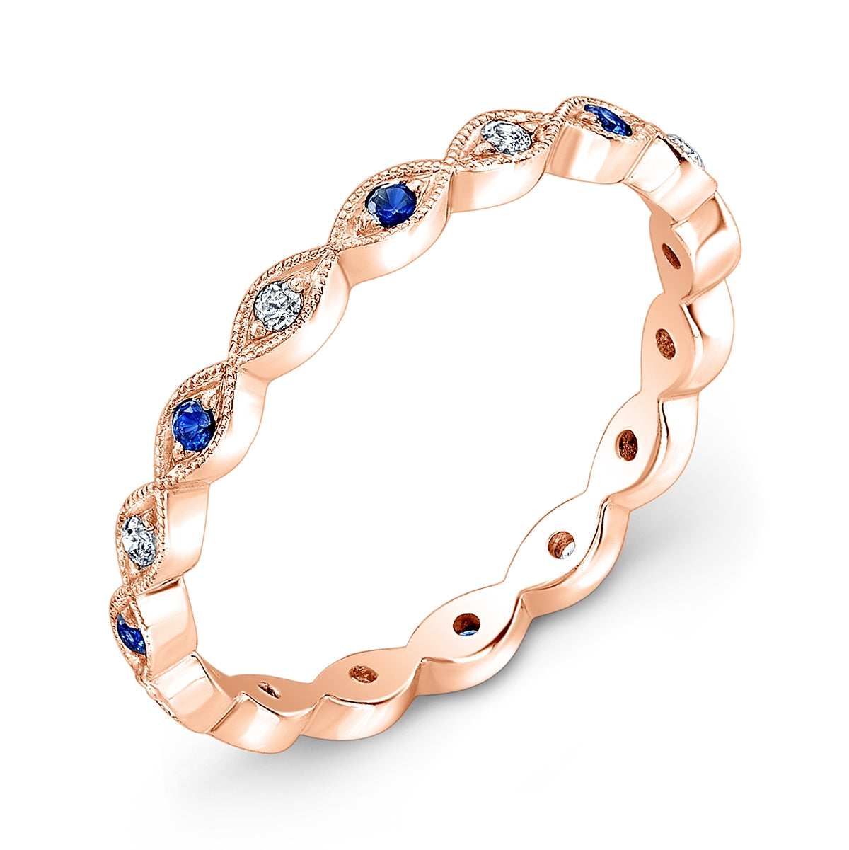 18K White Gold Hexagonal Milgrain Blue Sapphire and Diamond Eternity Stackable Ring | Jolie Designs