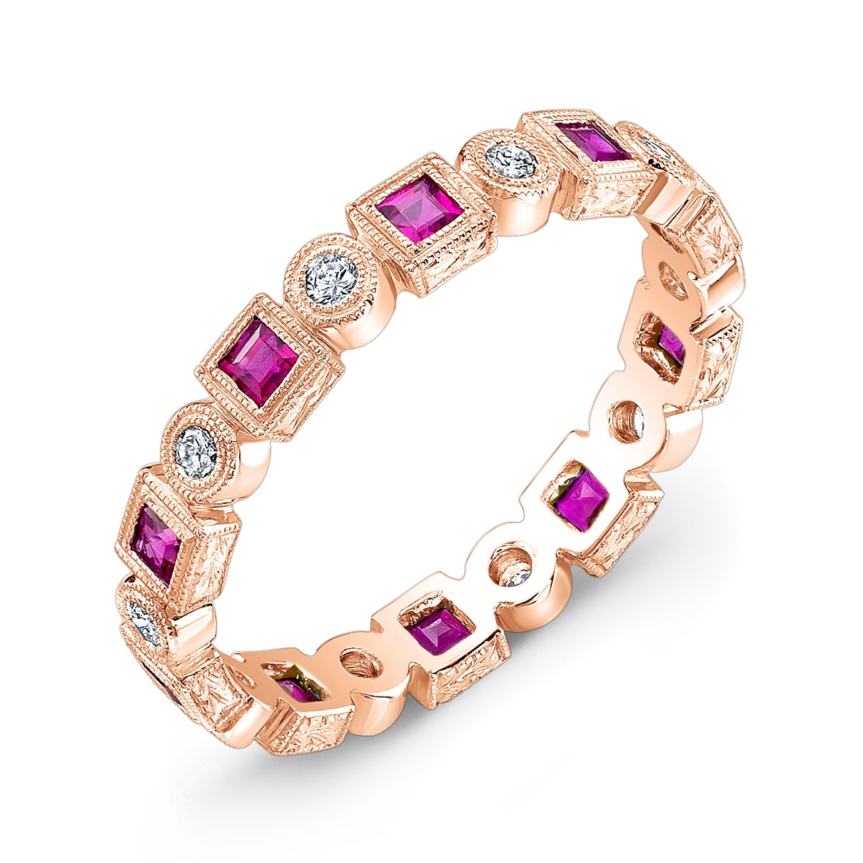 Engraved Square Ruby and Bezel Set Diamond Ring by Jolie Designs