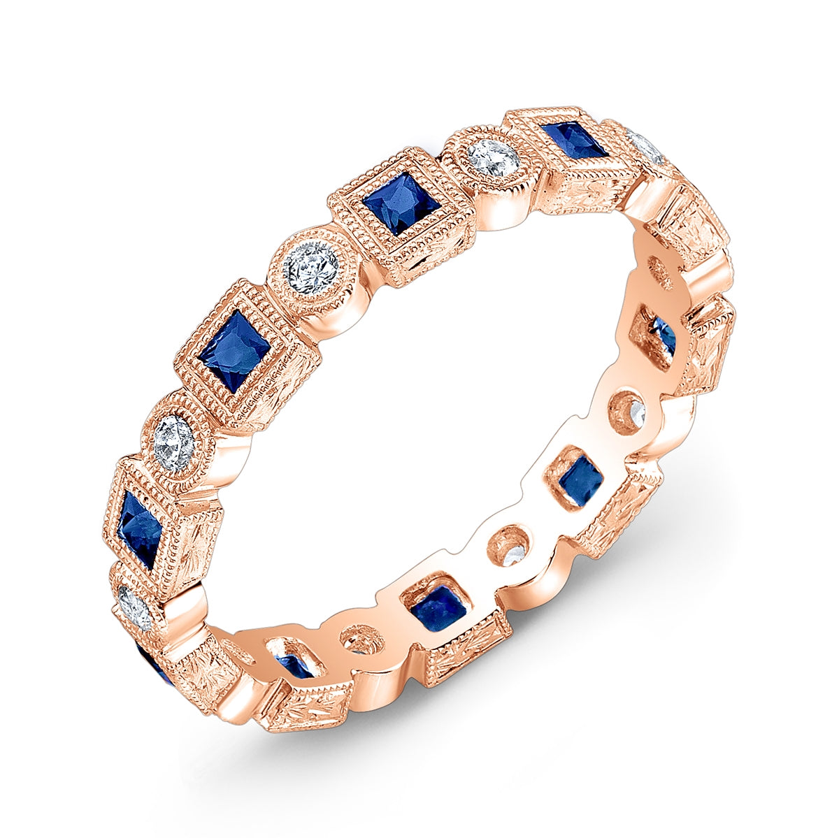 Engraved Bezel Set Square Blue Sapphire and Diamond Ring by Jolie Designs