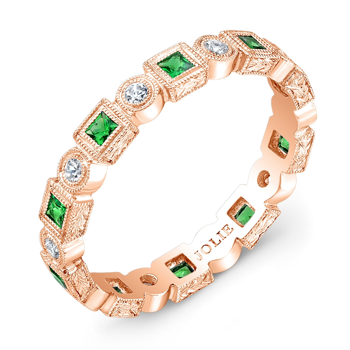 Engraved Bezel Set Square Tsavorite and Diamond Ring by Jolie Designs