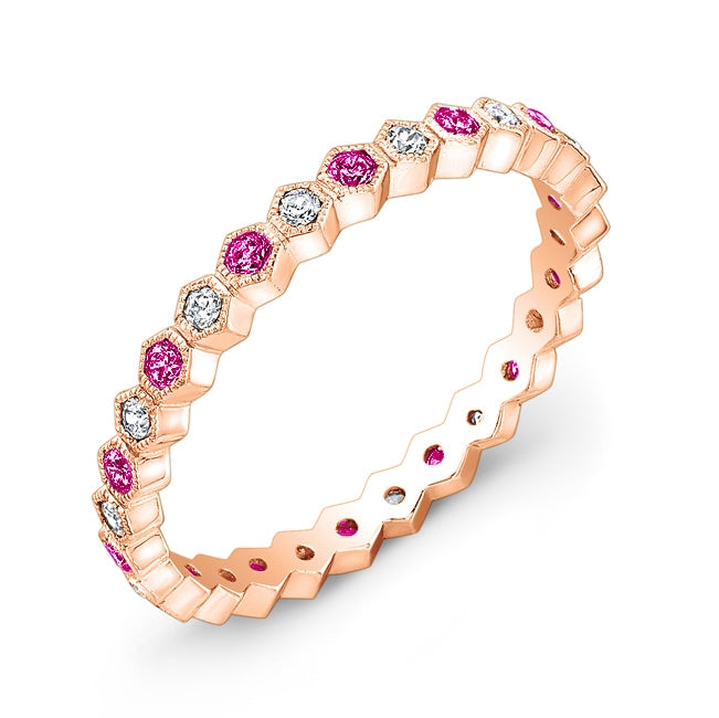 Micro Pave Diamond and Pink Sapphire Mill Grain Stackable Ring by Jolie Designs
