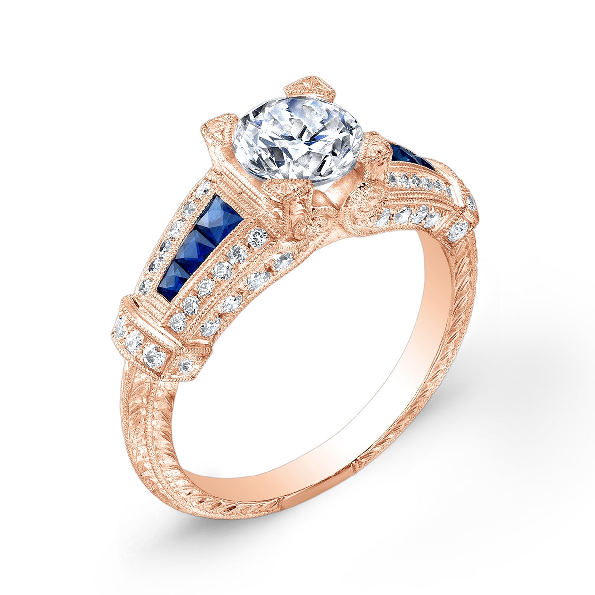 Antique Style Engraved Diamond and Custom Cut Blue Sapphire Engagement Ring by Jolie Designs