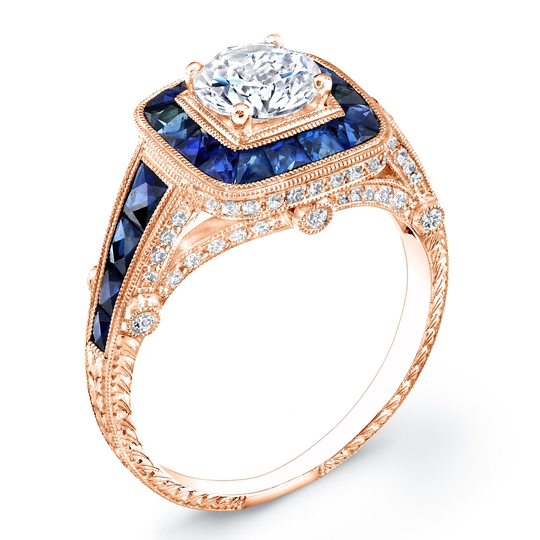 Custom Cut Blue Sapphire and Diamond Semi Mount Engagement Ring for 1 Carat Center by Jolie Designs