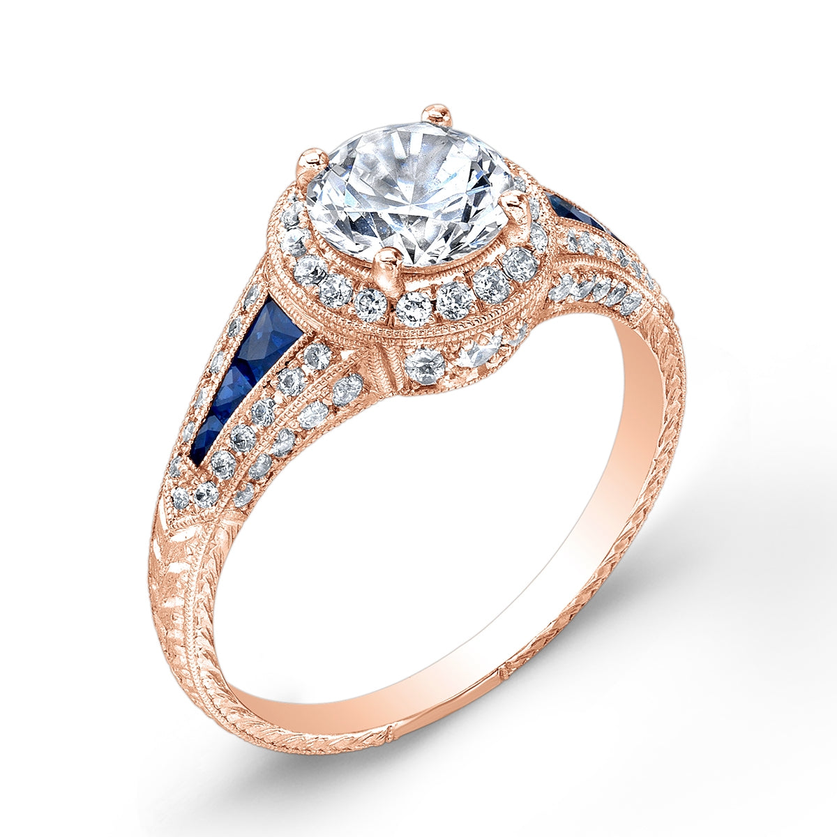 Antique Style Engraved Diamond and Custom Cut Blue Sapphire Engagement Ring Set by Jolie Designs