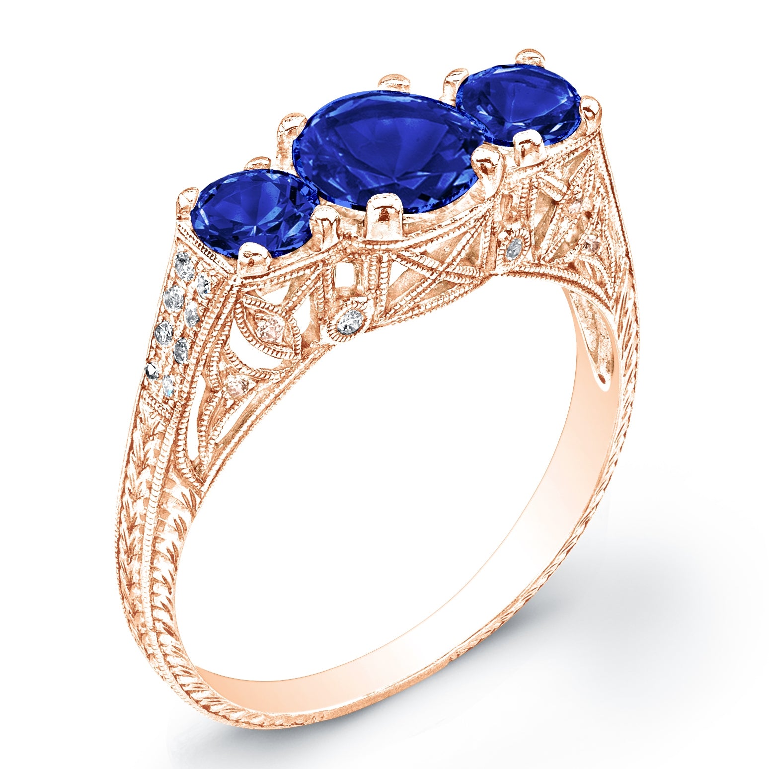 Vintage Petite Antique Inspired Three Stone Blue Sapphire Ring by Jolie Designs
