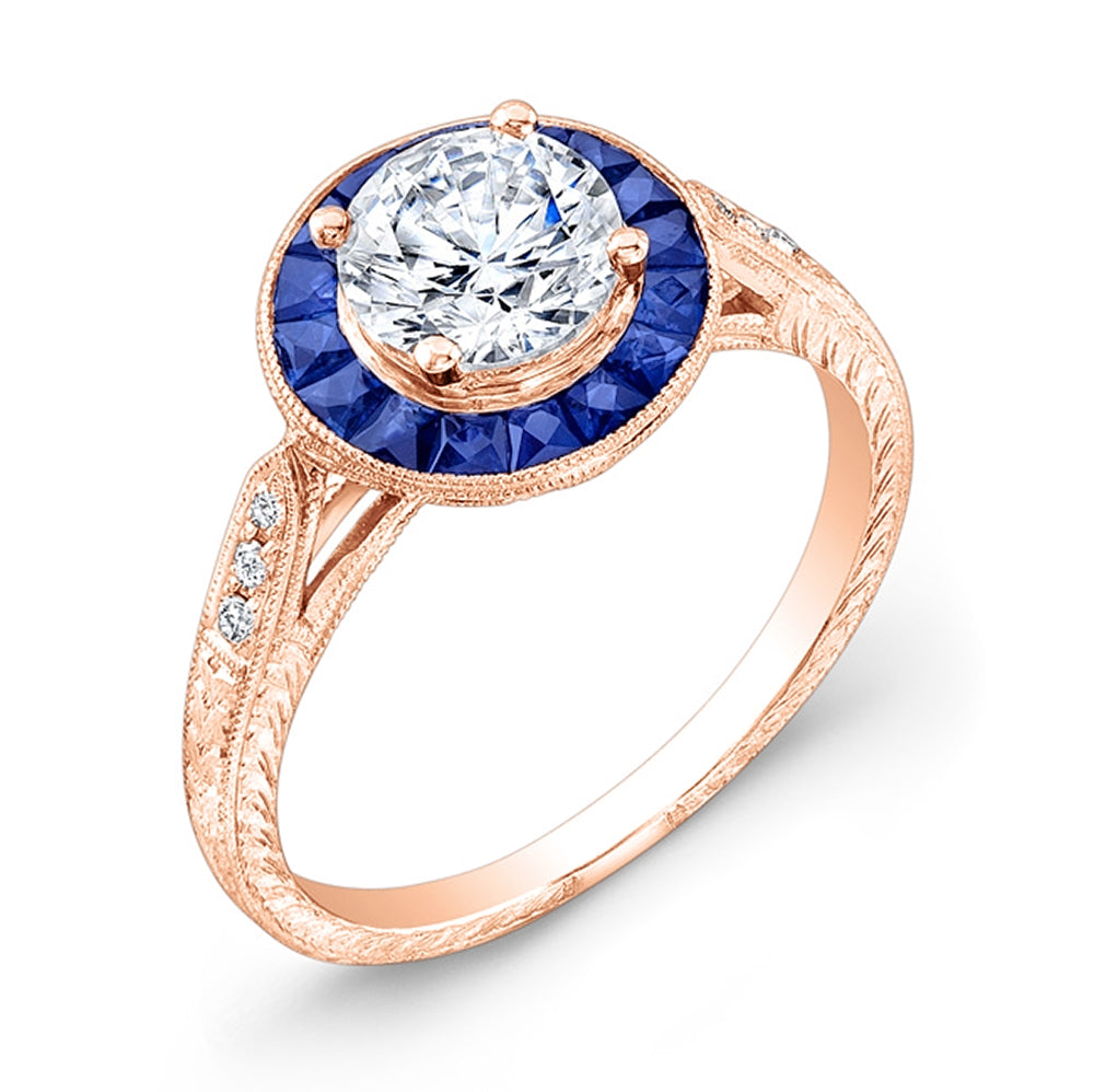 Custom Cut Blue Sapphire Halo and Diamond Engagement Ring by Jolie Designs
