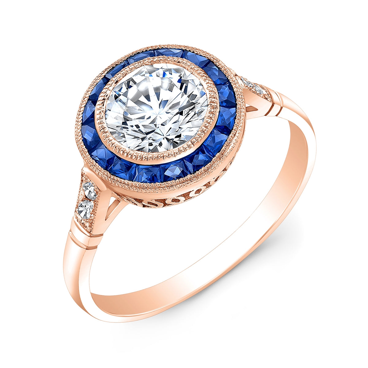 Modern French Custom Cut Blue Sapphire Halo Diamond Engagement Ring by Jolie Designs