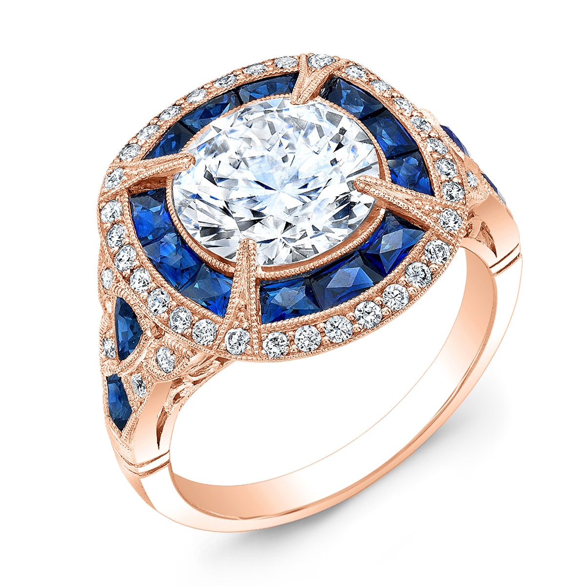 Art Deco Custom Blue Sapphire and Diamond Pave Set Ring Designed by Jolie Designs